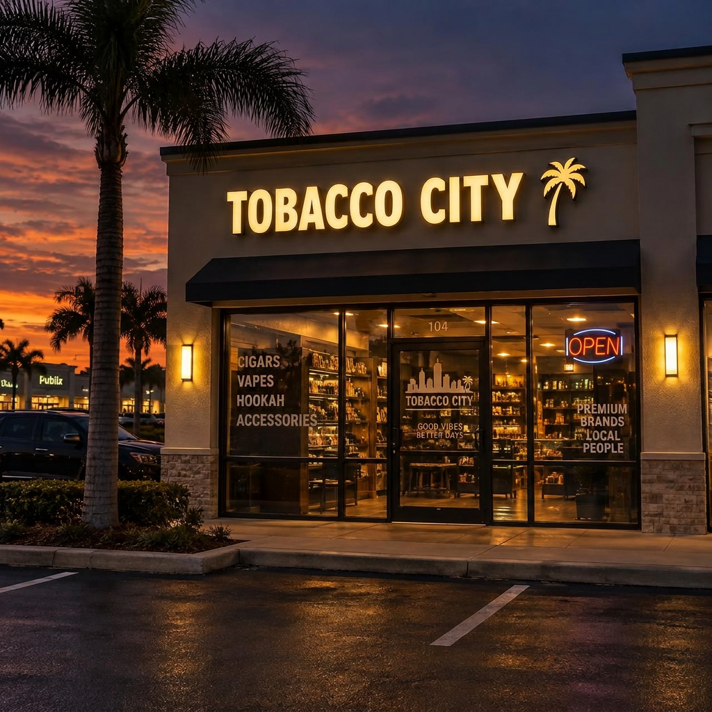 The front of Tobacco City at dusk